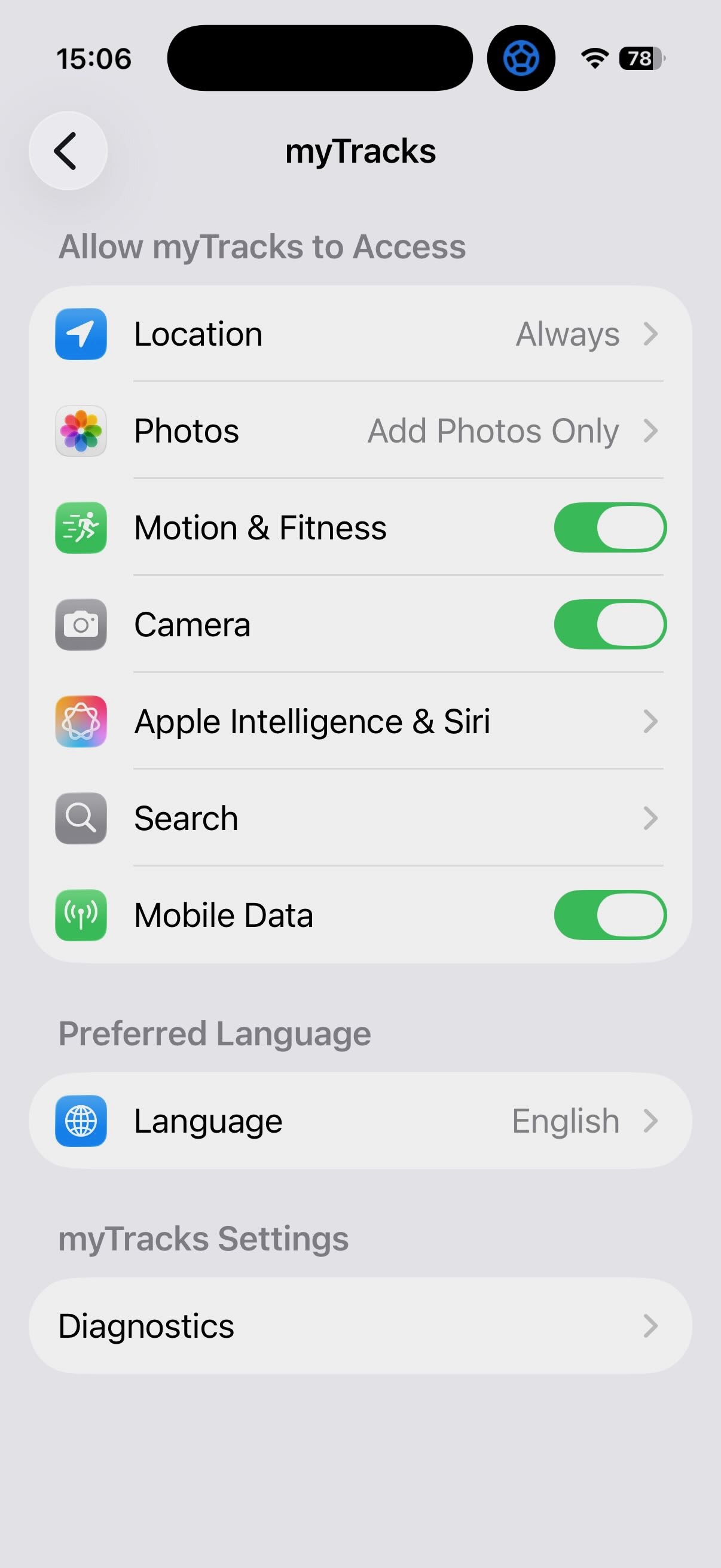 iOS myTracks Settings