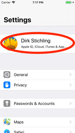 iOS settings account
